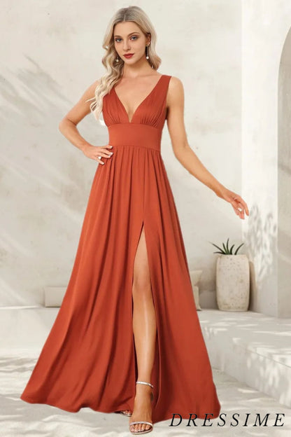 Dressime Elegant A-Line V-Neck Elastic Satin Backless Ruffles Sleeveless Bridesmaid Dress with Split dressime