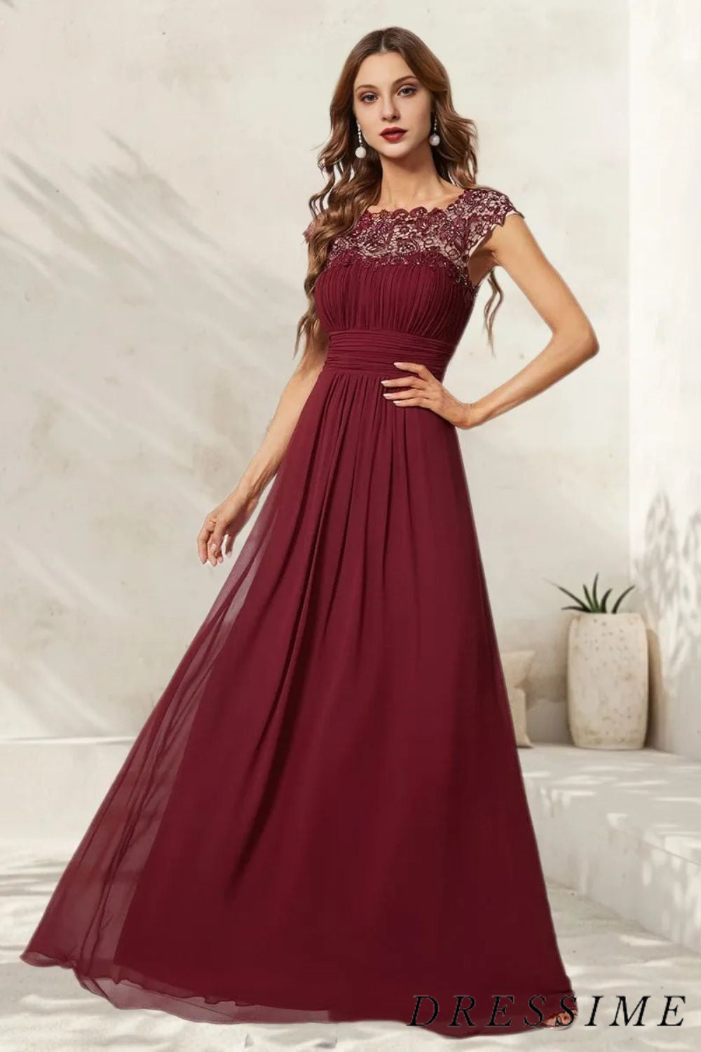 Dressime Elegant Cheap A-Line Lace Chiffon Long Bridesmaid Dress dressime