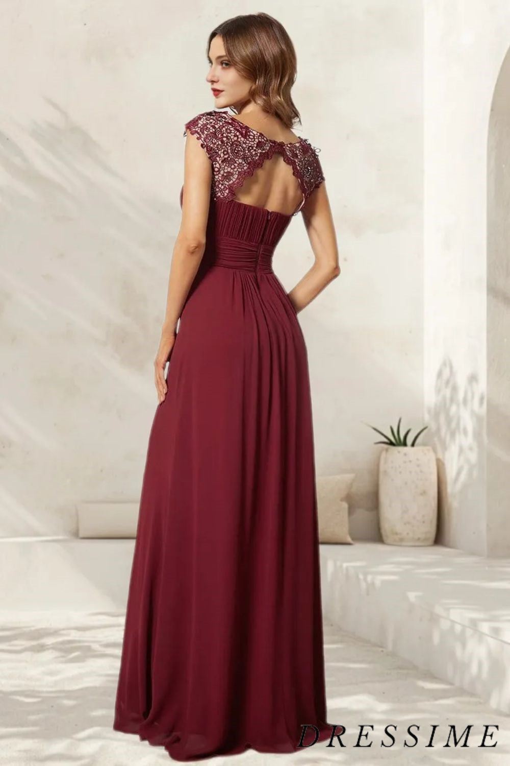 Dressime Elegant Cheap A-Line Lace Chiffon Long Bridesmaid Dress dressime