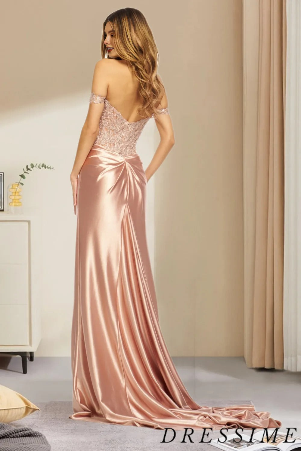 Dressime Elegant Mermaid Off The Shoulder Satin Lace Long Prom Dress dressime