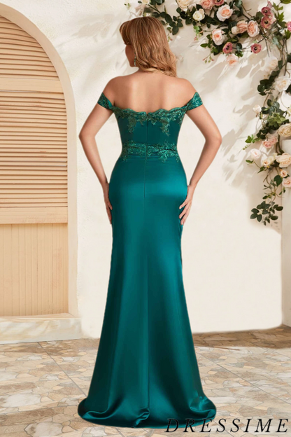 Dressime Elegant Mermaid Off The Shoulder Satin Slit Long Bridesmaid Dress With Appliques dressime