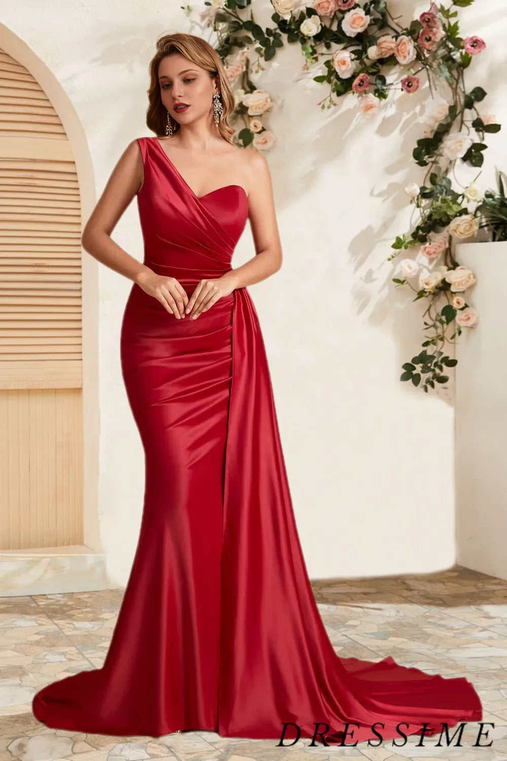 Dressime Elegant Mermaid One Shoulder Satin Long Bridesmaid Dress With Train dressime