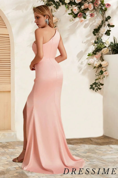 Dressime Elegant Mermaid One Shoulder Satin Pleats Long Bridesmaid Dress With Slit dressime