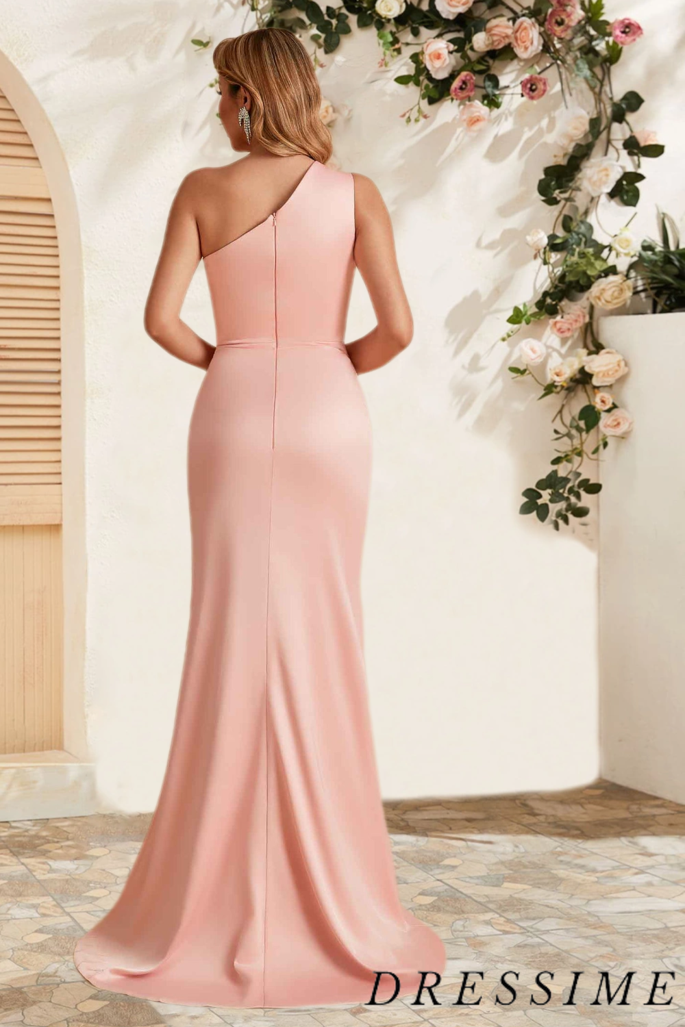 Dressime Elegant Mermaid One Shoulder Satin Pleats Long Bridesmaid Dress With Slit dressime