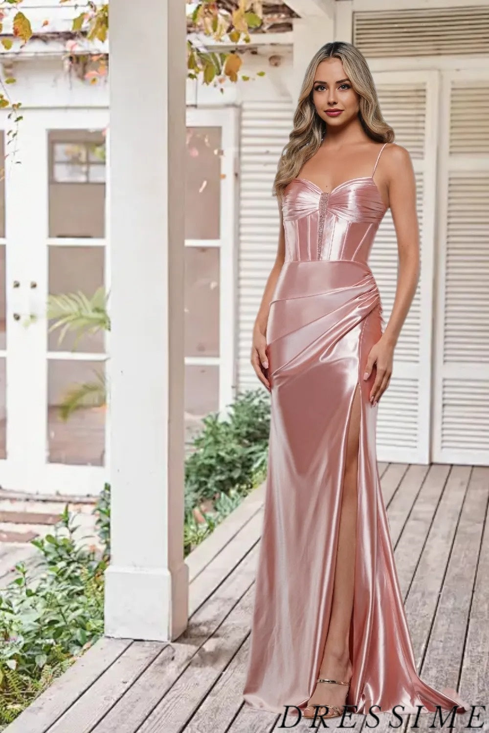 Dressime Elegant Mermaid Spaghetti Straps Metallic Long Prom Dress With Slit dressime