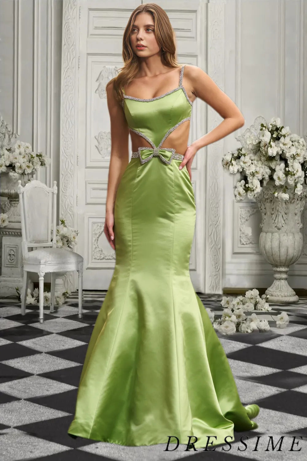 Dressime Elegant Mermaid Spaghetti Straps Satin Beaded Long Prom Dress with Bowknot dressime