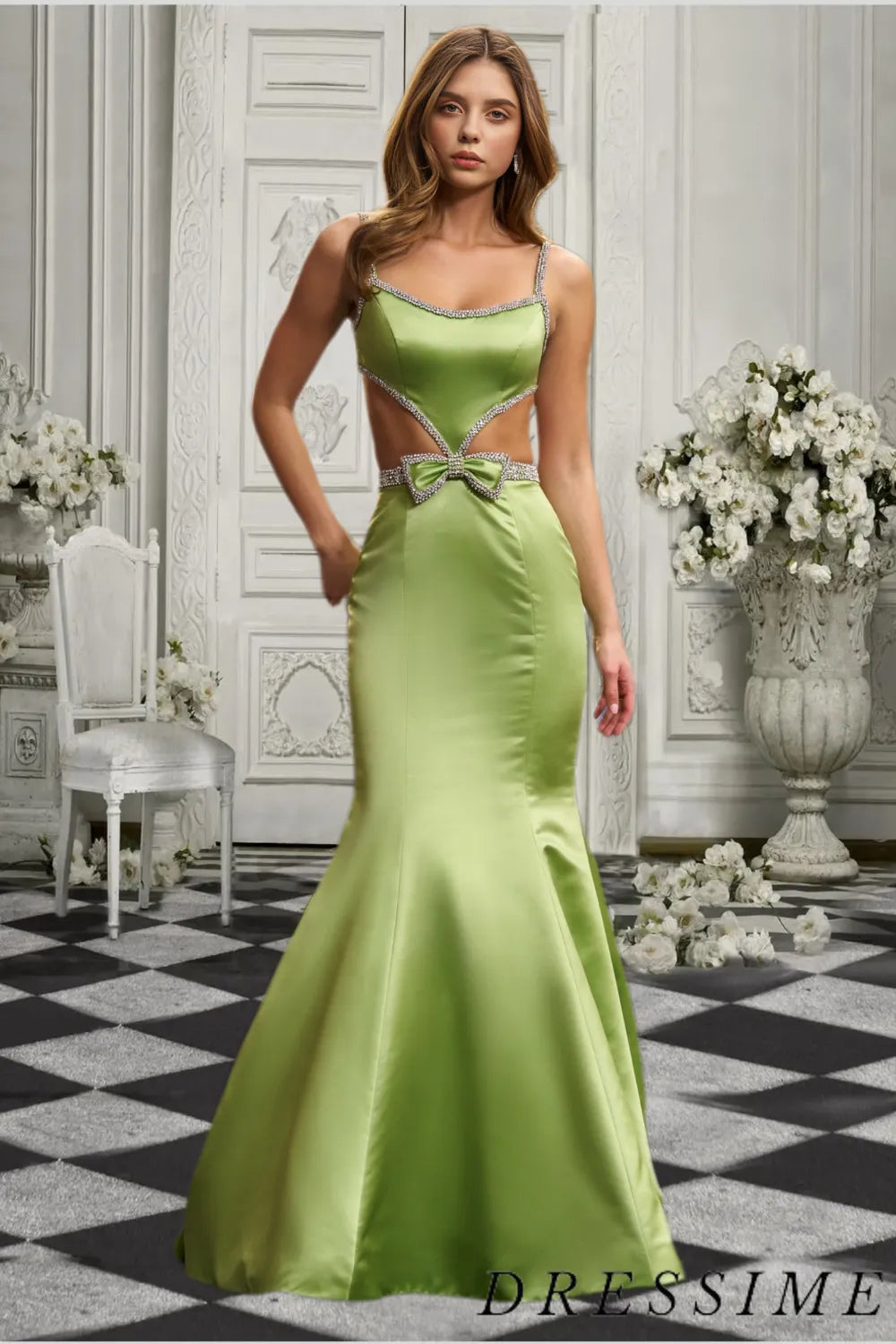 Dressime Elegant Mermaid Spaghetti Straps Satin Beaded Long Prom Dress with Bowknot dressime