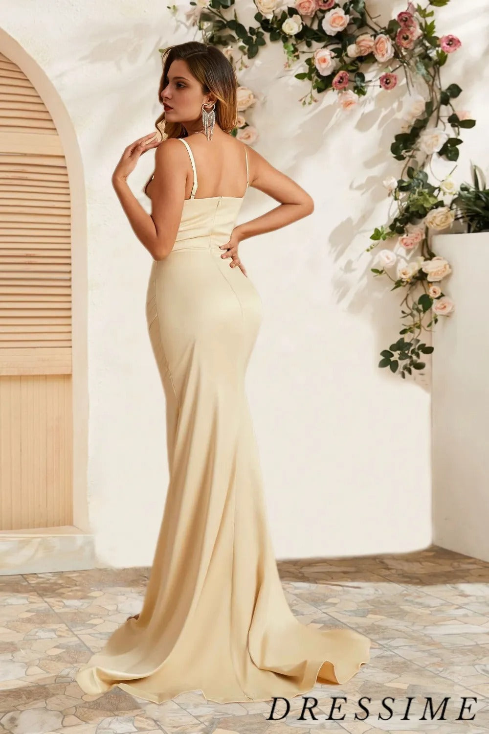 Dressime Elegant Mermaid Spaghetti Straps Satin Floor Length Bridesmaid Dress With Slit dressime