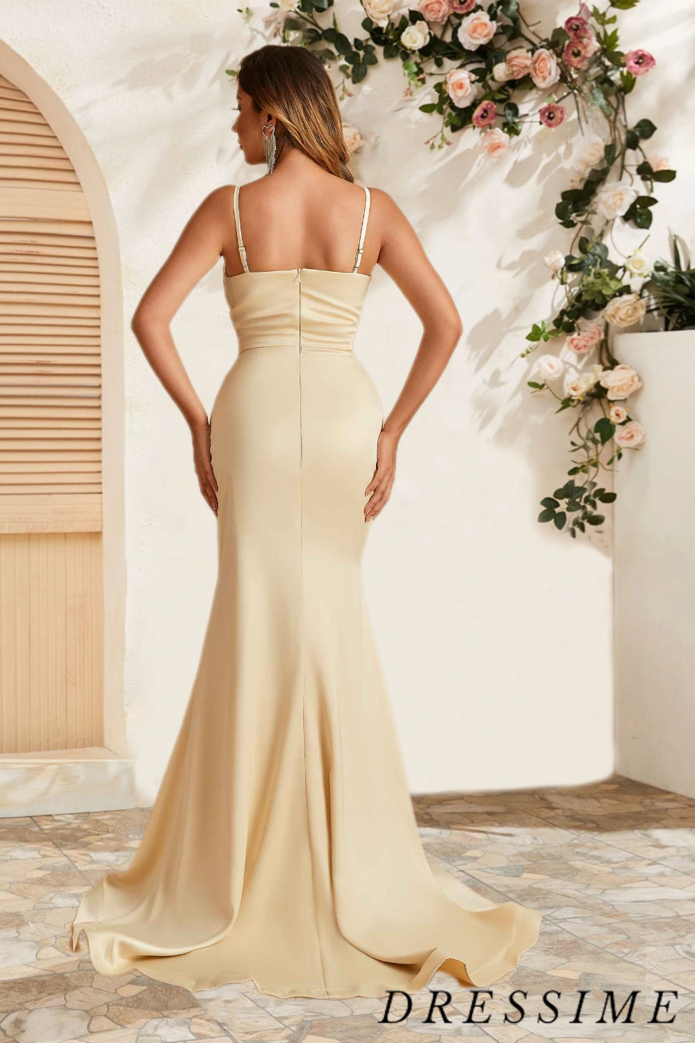 Dressime Elegant Mermaid Spaghetti Straps Satin Floor Length Bridesmaid Dress With Slit dressime