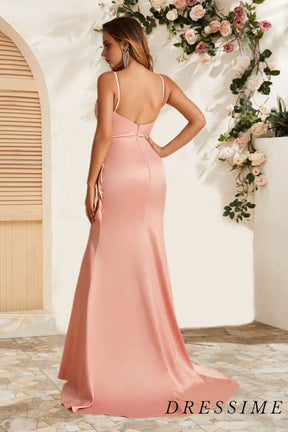 Dressime Elegant Mermaid Spaghetti Straps Satin Long Bridesmaid Dress With Slit dressime