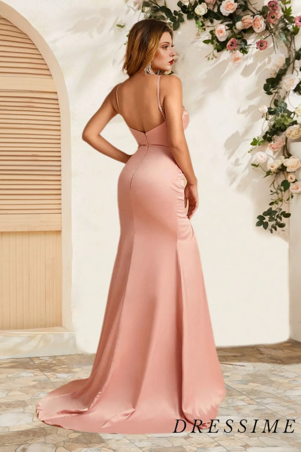 Dressime Elegant Mermaid Spaghetti Straps Satin Long Bridesmaid Dress With Slit dressime