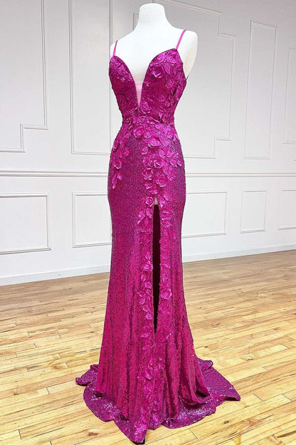 dressimeElegant Mermaid Spaghetti Straps Sequin Prom Dresses With Slit 