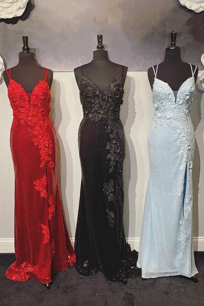 dressimeElegant Mermaid Spaghetti Straps Sequin Prom Dresses With Slit 