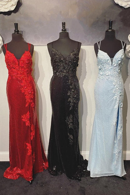 dressimeElegant Mermaid Spaghetti Straps Sequin Prom Dresses With Slit 