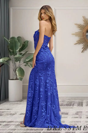 Dressime Elegant Mermaid Strapless Lace Appliques Long Prom Dress With Slit dressime