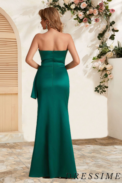 Dressime Elegant Mermaid Strapless Satin Floor Length Slit Bridesmaid Dress With Pleats dressime