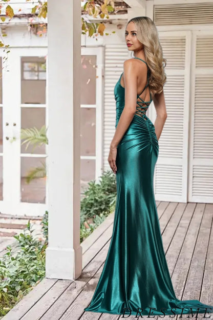 Dressime Elegant Mermaid V Neck Metallic Long Prom Dress With Slit dressime