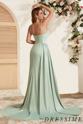 Dressime Elegant Sheath Spaghetti Straps Satin Corset Slit Long Bridesmaid Dress With Train dressime