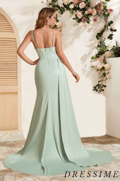 Dressime Elegant Sheath Spaghetti Straps Satin Corset Slit Long Bridesmaid Dress With Train dressime