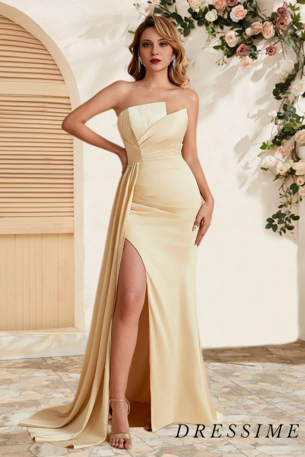 Dressime Elegant Sheath Strapless Satin Slit Long Bridesmaid Dress With Train dressime