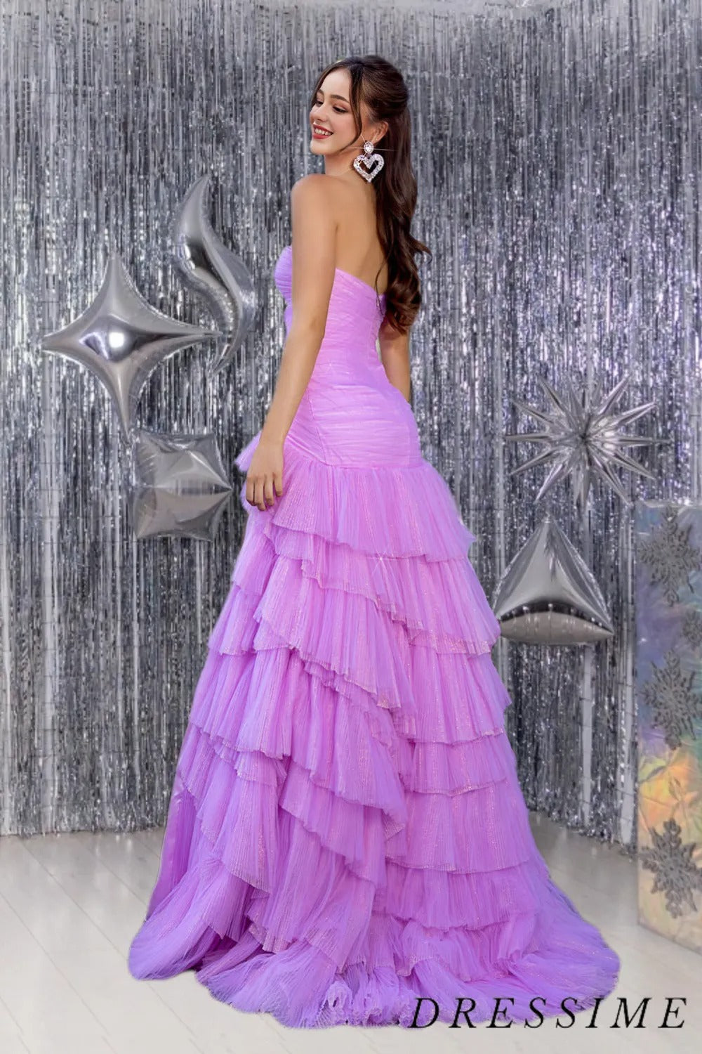 Dressime Elegant Sheath Sweetheart Tulle Ruffle Tiered Long Prom Dress With Slit dressime