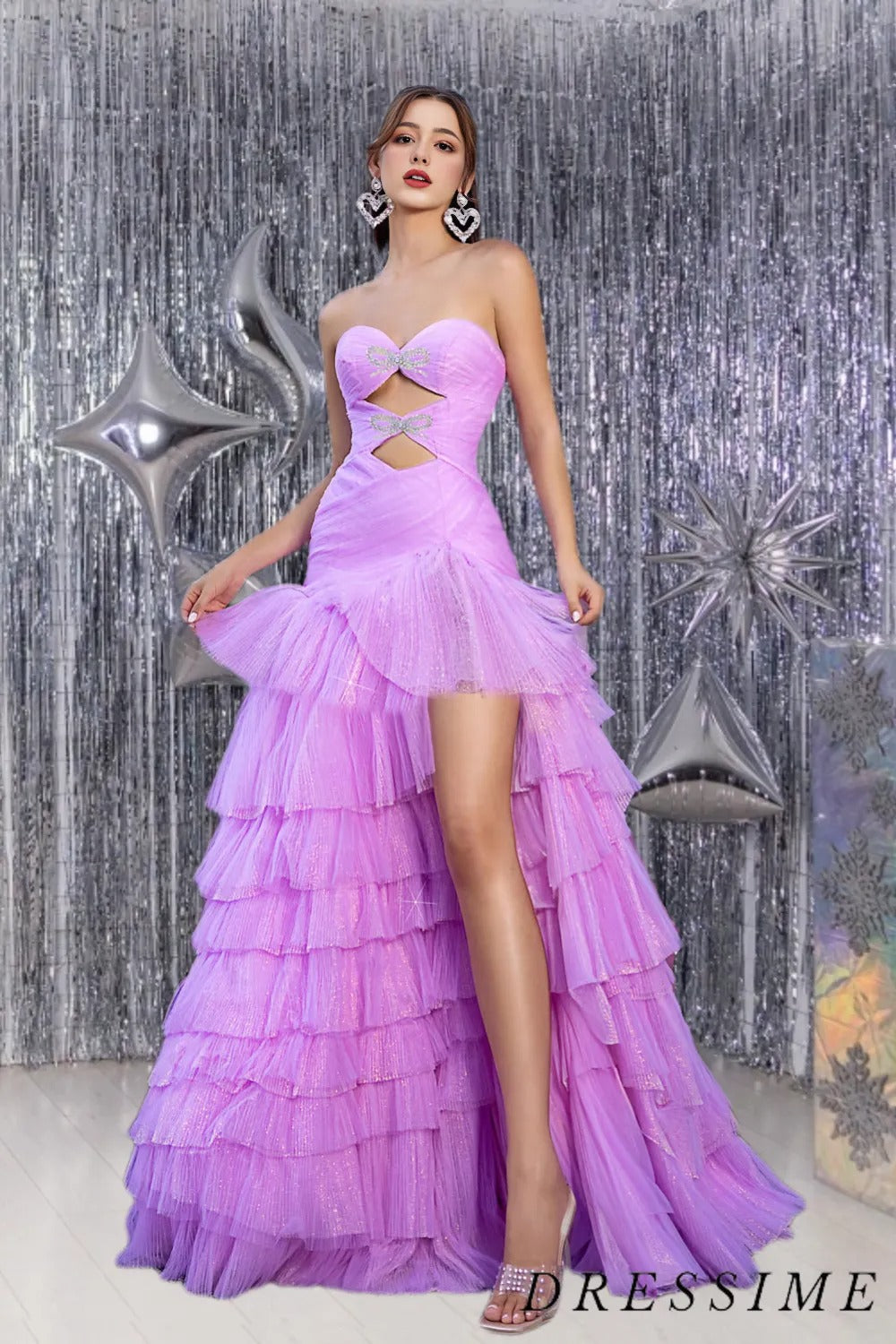 Dressime Elegant Sheath Sweetheart Tulle Ruffle Tiered Long Prom Dress With Slit dressime