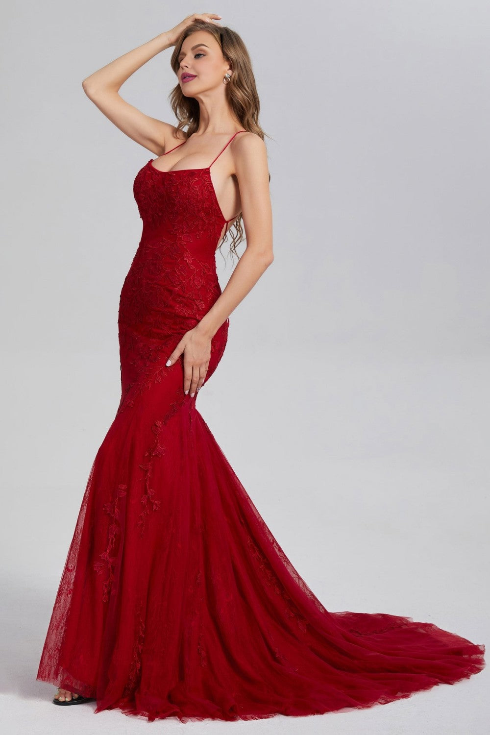 dressimeElegant Spaghetti Straps Mermaid Backless Prom Dresses 