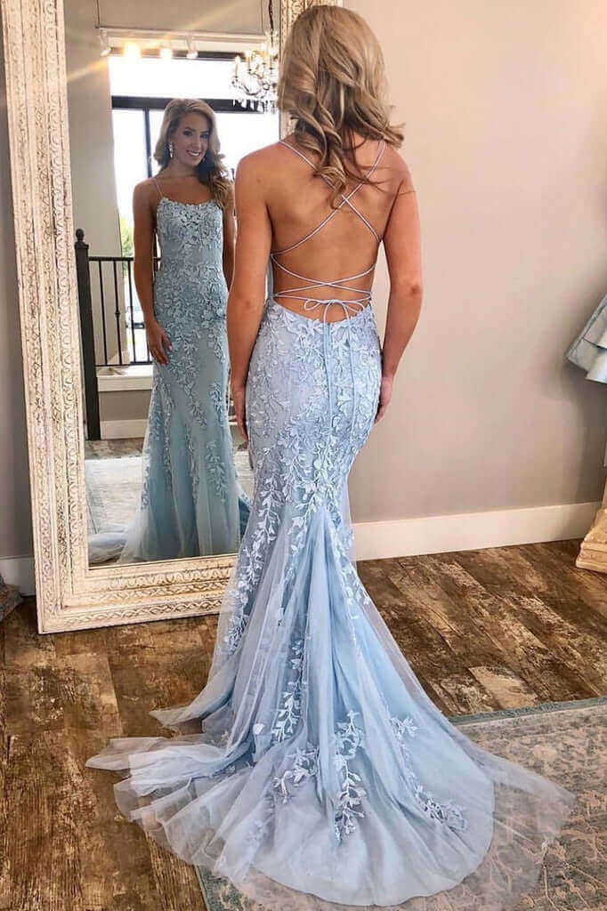 dressimeElegant Spaghetti Straps Mermaid Backless Prom Dresses 