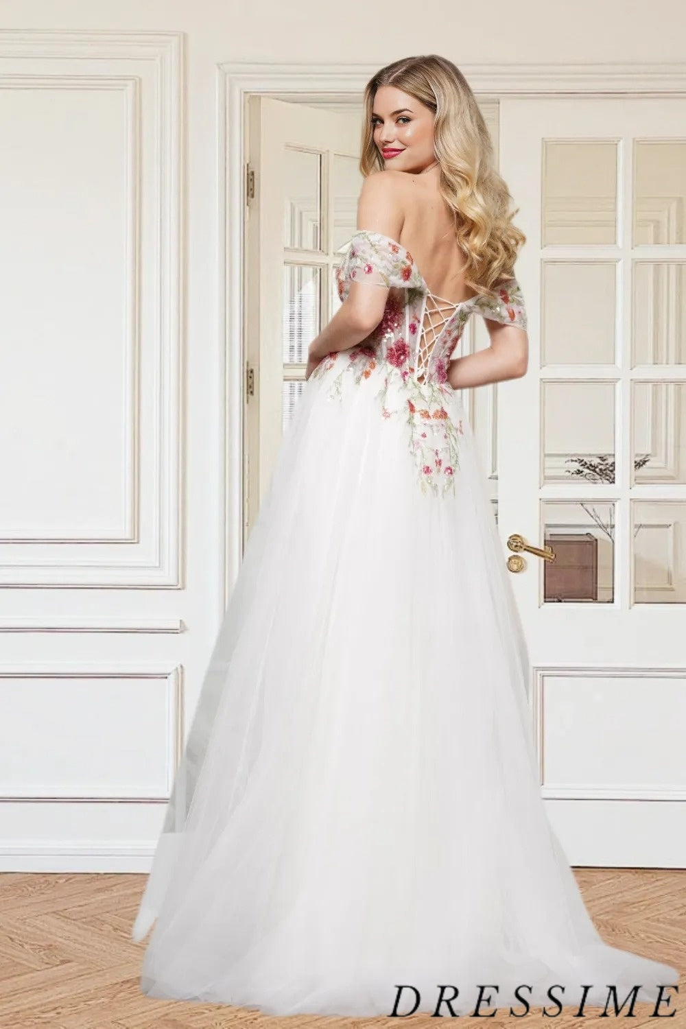 Dressime Exquisite A Line Off the Shoulder Tulle Slit Long Prom Dress With Appliques dressime