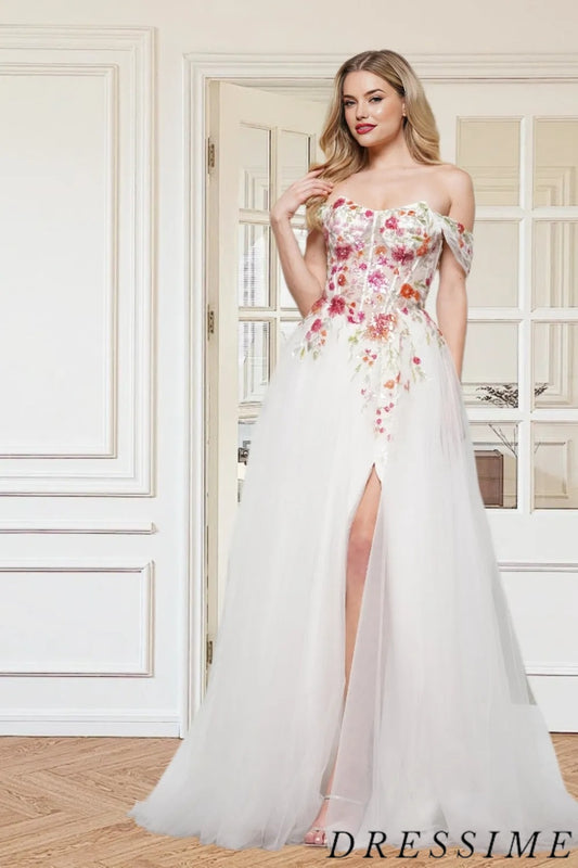 Dressime Exquisite A Line Off the Shoulder Tulle Slit Long Prom Dress With Appliques dressime