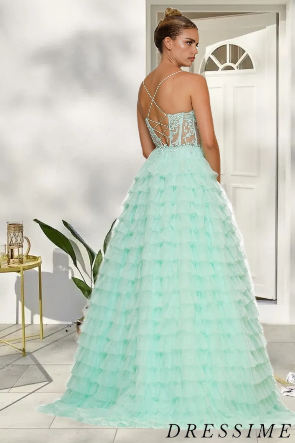 Dressime Exquisite A Line Spaghetti Straps Tulle Lace Tiered Long Prom Dress dressime