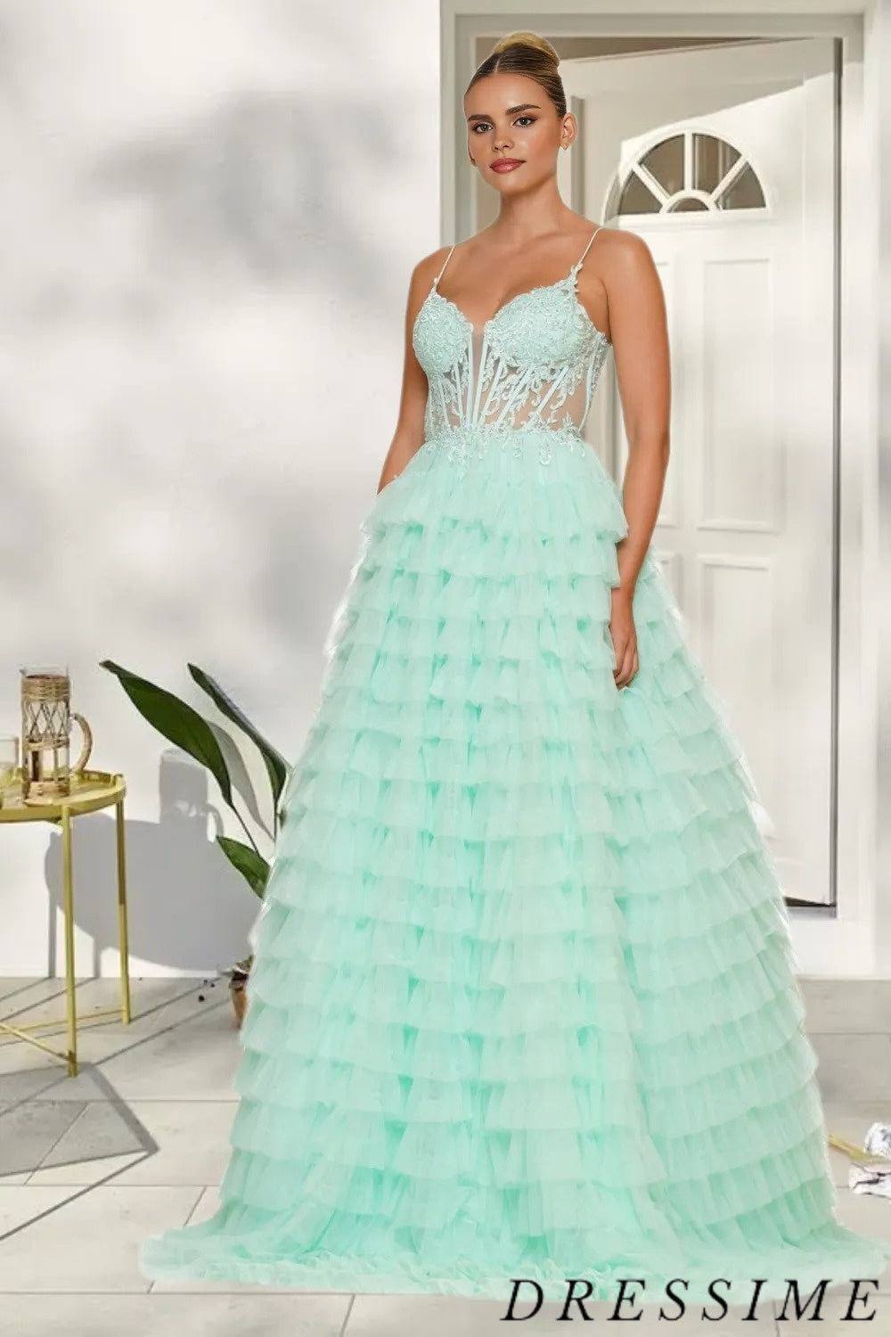 Dressime Exquisite A Line Spaghetti Straps Tulle Lace Tiered Long Prom Dress dressime