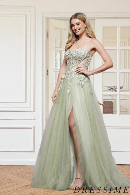 Dressime Exquisite A Line Sweetheart Tulle Slit Long Prom Dress With Appliques dressime