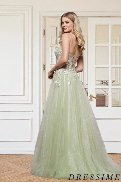 Dressime Exquisite A Line Sweetheart Tulle Slit Long Prom Dress With Appliques dressime