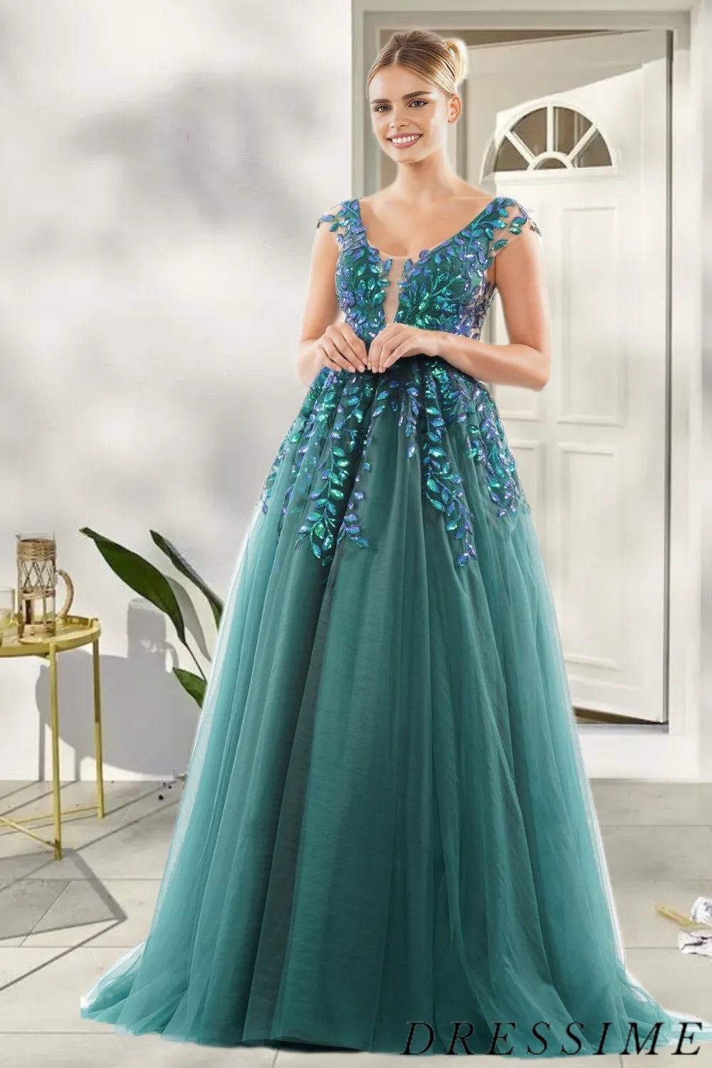 Dressime Exquisite A Line V Neck Tulle Long Prom Dress With Appliques dressime