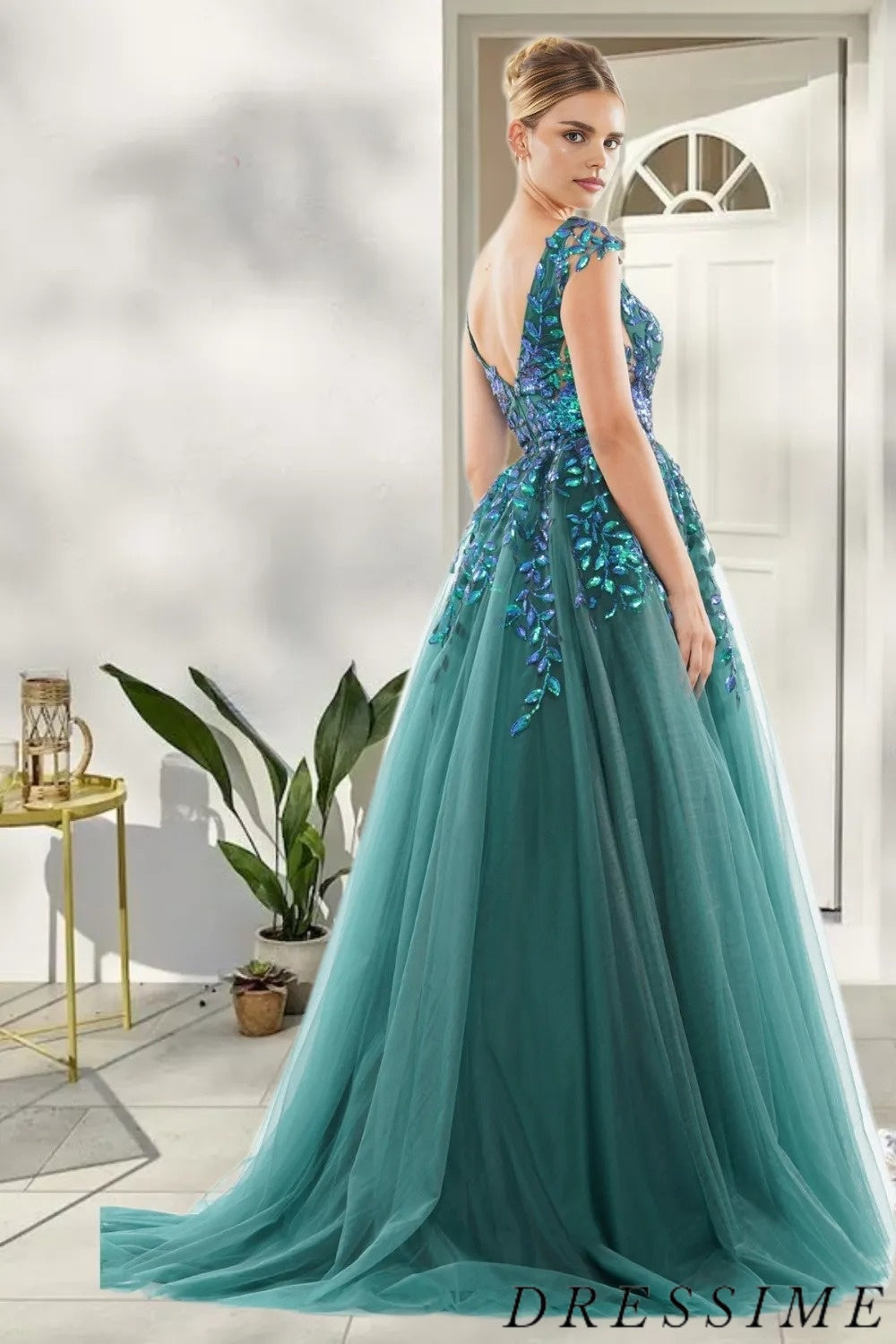 Dressime Exquisite A Line V Neck Tulle Long Prom Dress With Appliques dressime