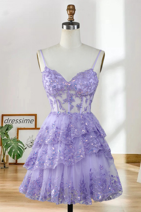 Dressime Fancy Short A-Line Spaghetti Straps Homecoming Dress with Appliques dressime