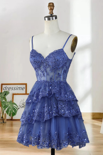 Dressime Fancy Short A-Line Spaghetti Straps Homecoming Dress with Appliques dressime