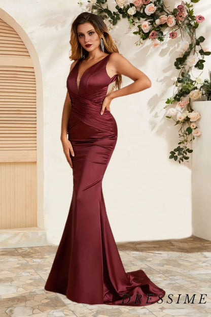 Dressime Fashion Mermaid V Neck Satin Floor Length Bridesmaid Dress dressime