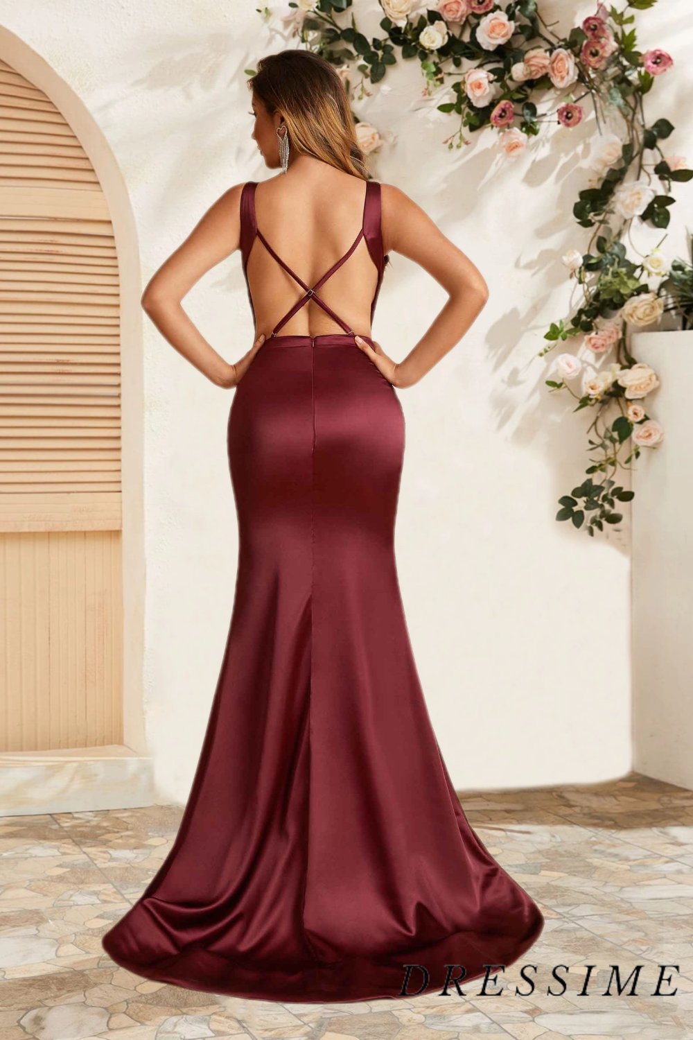 Dressime Fashion Mermaid V Neck Satin Floor Length Bridesmaid Dress dressime