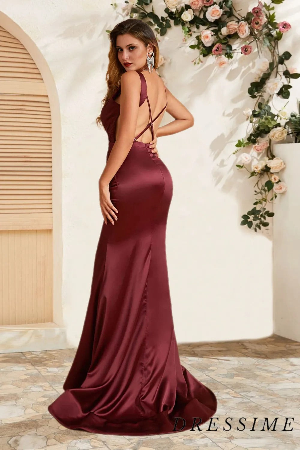 Dressime Fashion Mermaid V Neck Satin Floor Length Bridesmaid Dress dressime