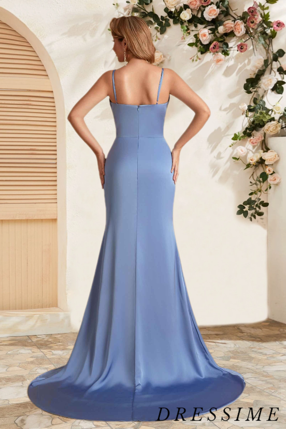 Dressime Glamorous Sheath V Neck Satin Floor Length Bridesmaid Dress With Slit dressime