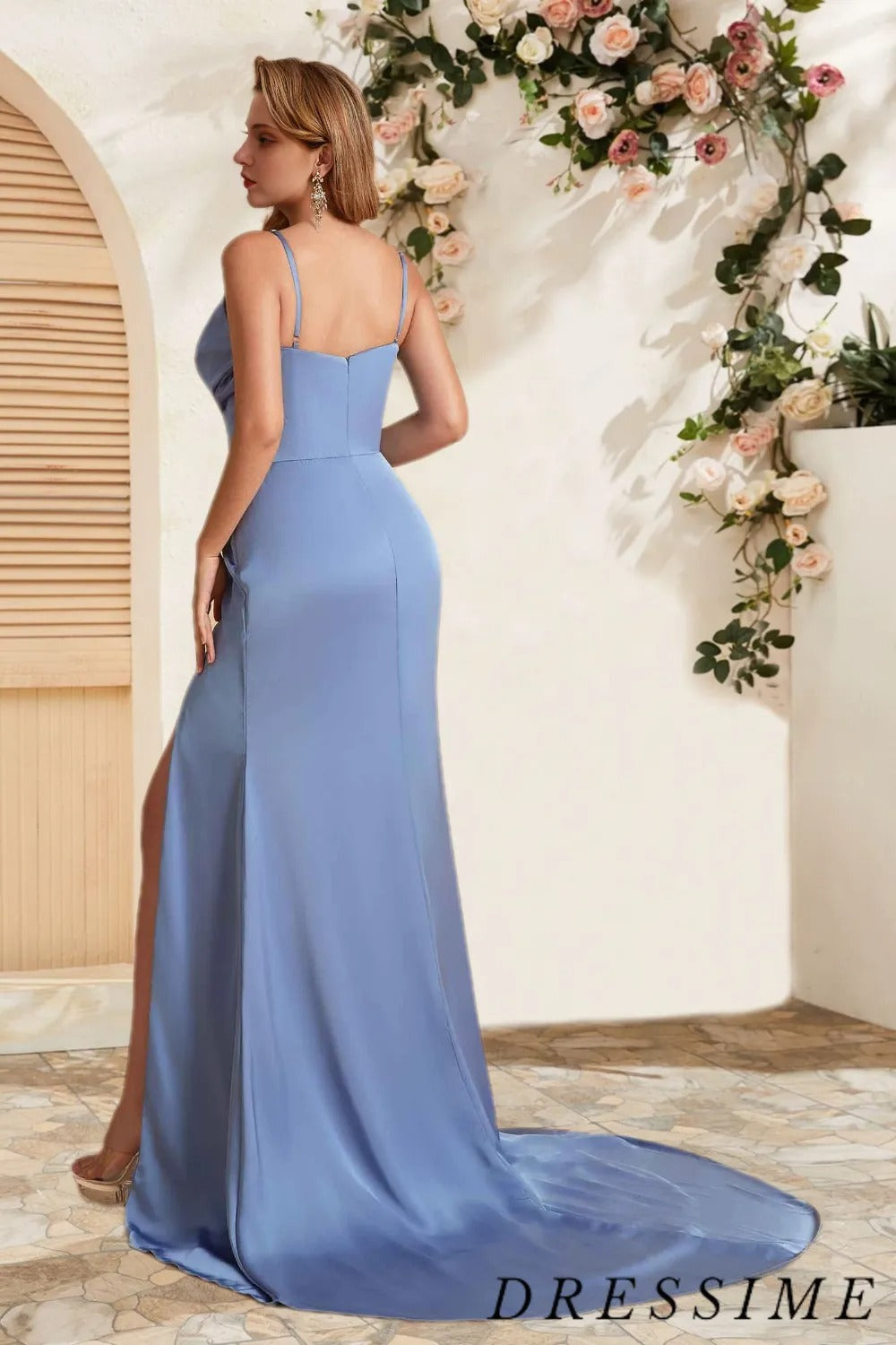 Dressime Glamorous Sheath V Neck Satin Floor Length Bridesmaid Dress With Slit dressime