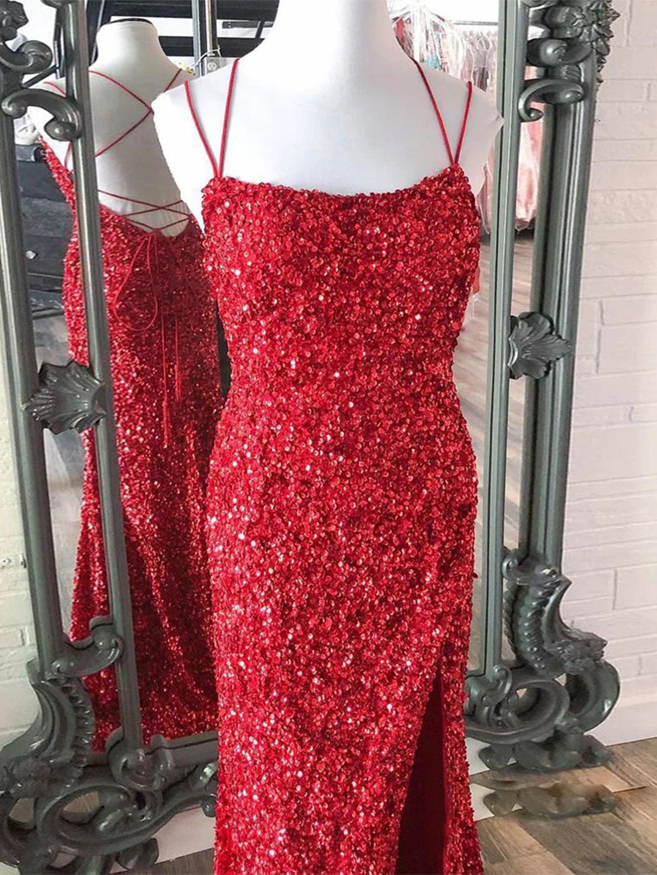 dressimeGlitter Mermaid Sequins Spaghetti Straps Long Prom Dresses 