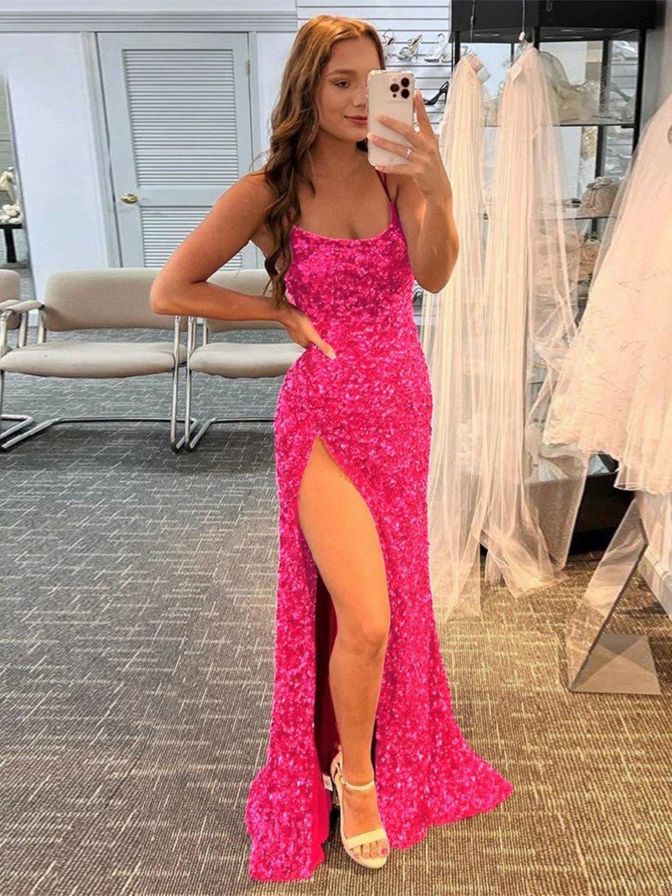 dressimeGlitter Mermaid Sequins Spaghetti Straps Long Prom Dresses 