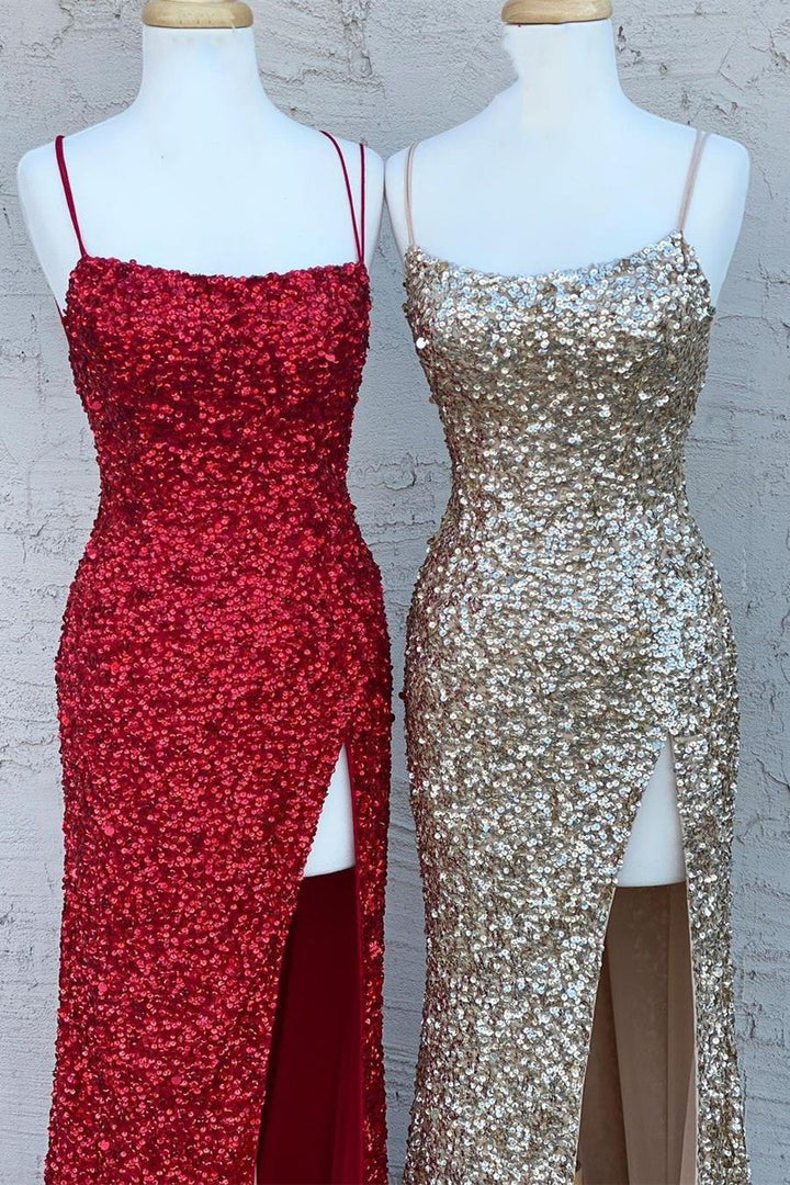 dressimeGlitter Mermaid Sequins Spaghetti Straps Long Prom Dresses 