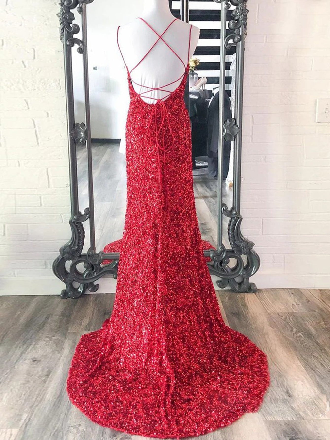 dressimeGlitter Mermaid Sequins Spaghetti Straps Long Prom Dresses 