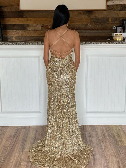 dressimeGlitter Mermaid Sequins Spaghetti Straps Long Prom Dresses 