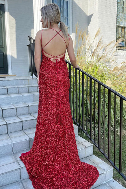 dressimeGlitter Mermaid Sequins Spaghetti Straps Long Prom Dresses 