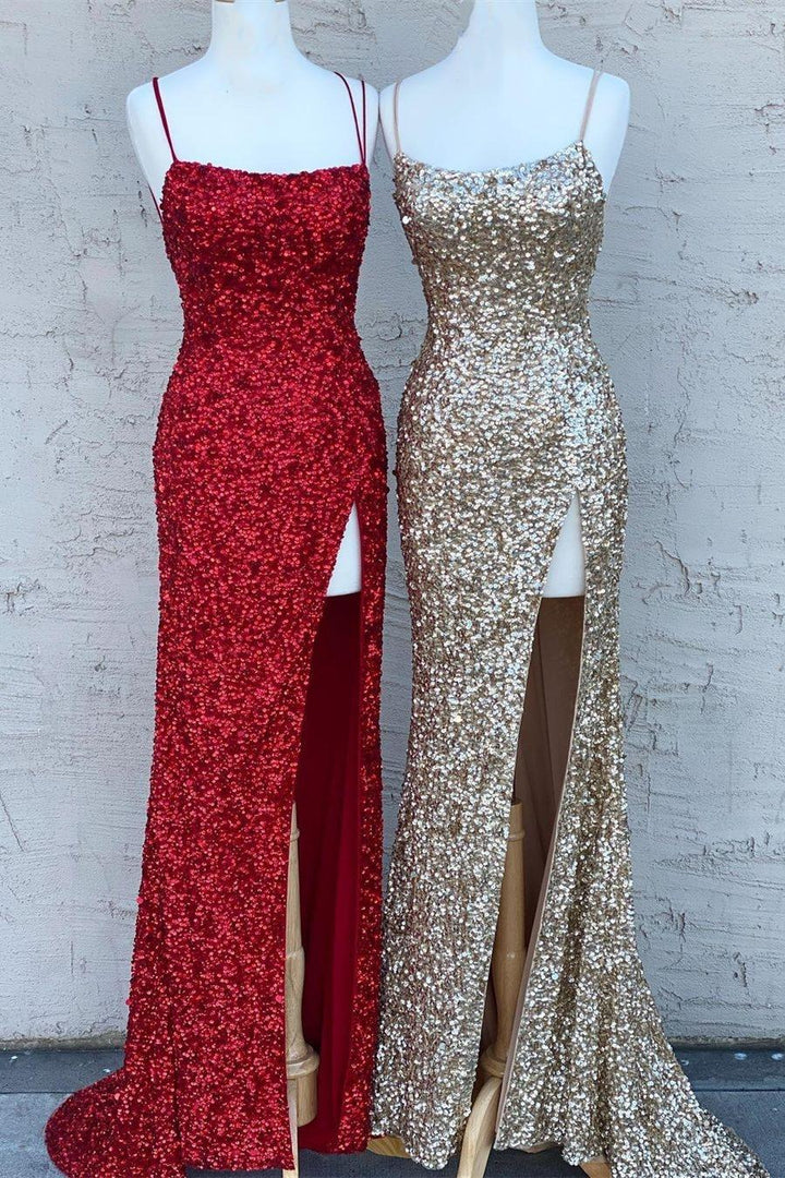 dressimeGlitter Mermaid Sequins Spaghetti Straps Long Prom Dresses 